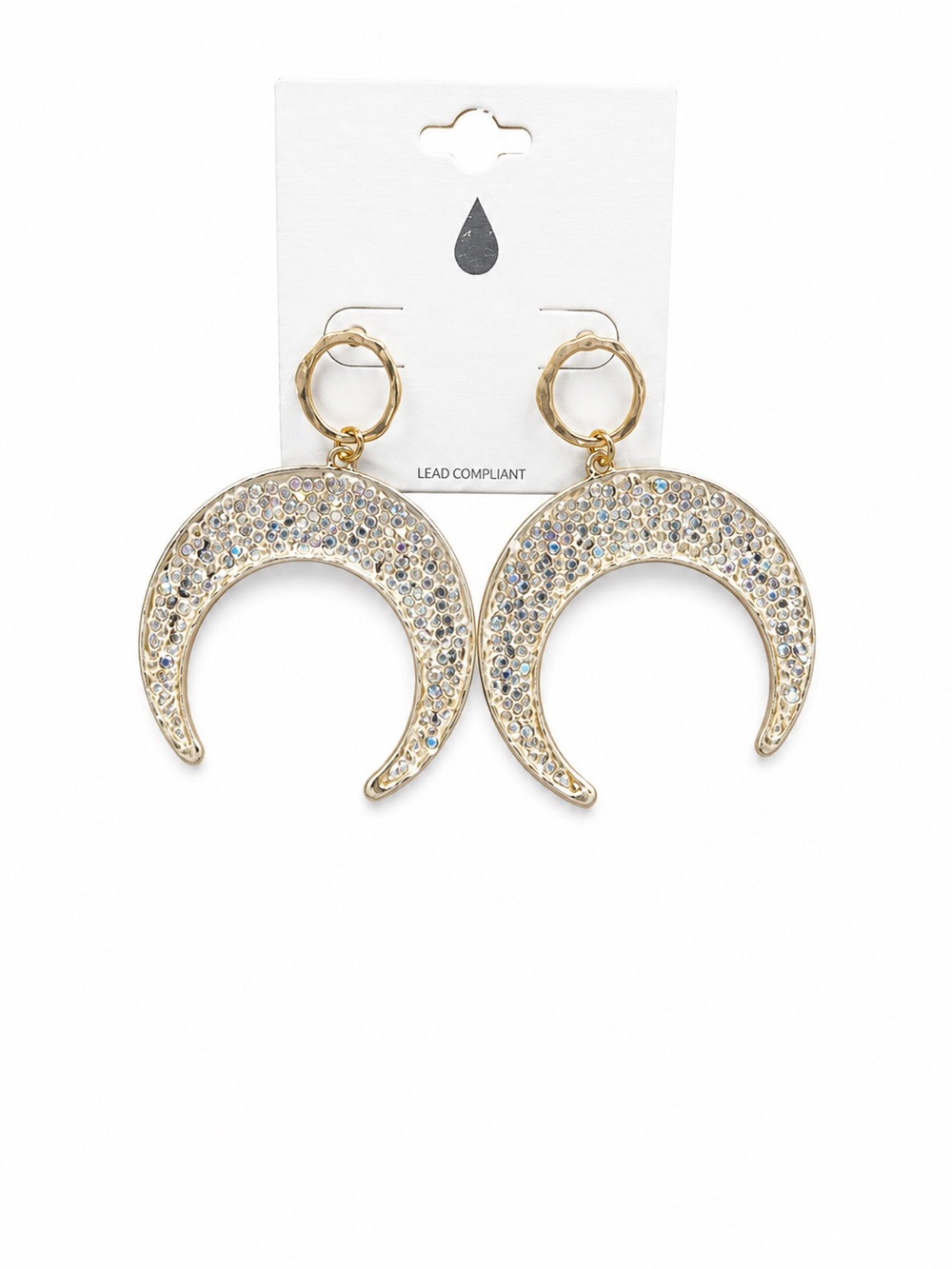 Rhinestone Crescent Moon Gold Tone Statement Earrings Celestial Boho NWT